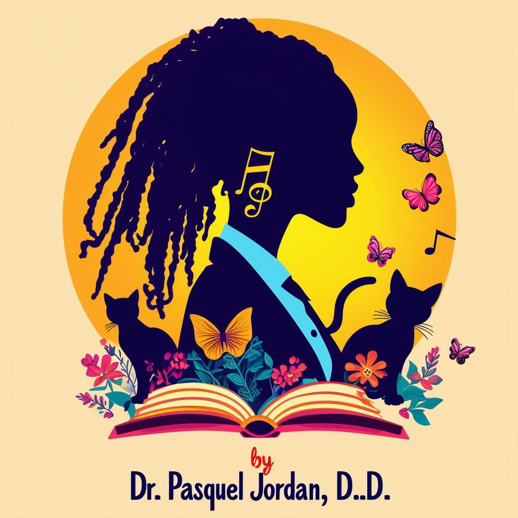 Create a vibrant and engaging logo for a book featuring a side silhouette of a lady with short dreadlocks in a suit, music notes, butterflies, two cats, and a book