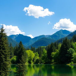 A beautiful landscape featuring a serene lake surrounded by lush green trees and mountains in the background, with a clear blue sky and a few fluffy white clouds