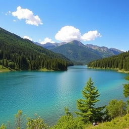 A beautiful landscape featuring a serene lake surrounded by lush green trees and mountains in the background, with a clear blue sky and a few fluffy white clouds