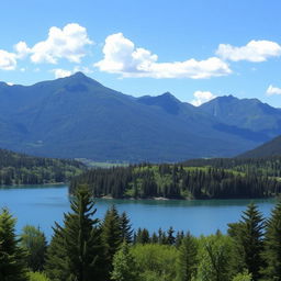 A beautiful landscape featuring a serene lake surrounded by lush green trees and mountains in the background, with a clear blue sky and a few fluffy white clouds