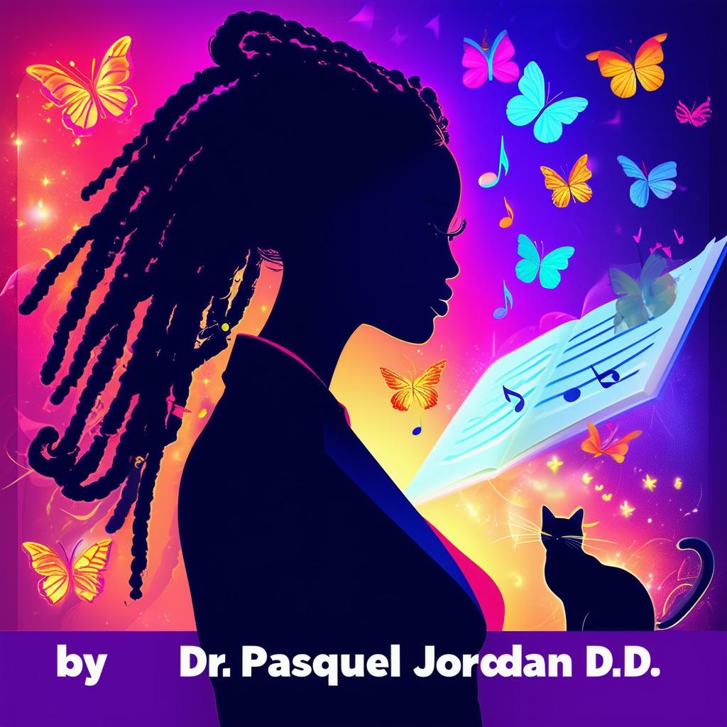 Create a vibrant and engaging logo for a book featuring a side silhouette of a lady with short dreadlocks in a suit, music notes, butterflies, two cats, and a book