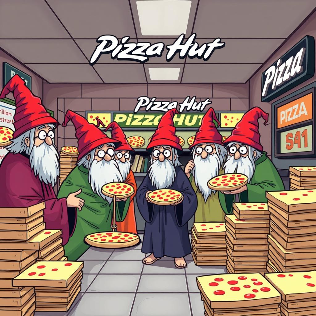 A whimsical scene of autistic wizards ordering one million pizzas at a Pizza Hut