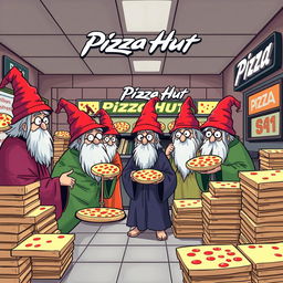 A whimsical scene of autistic wizards ordering one million pizzas at a Pizza Hut