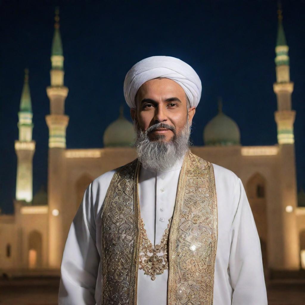 Emam Mahdi, depicted as a spiritual and religious leader in traditional Islamic attire, against a backdrop of a beautifully illuminated mosque.