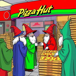 A whimsical scene of autistic wizards ordering one million pizzas at a Pizza Hut