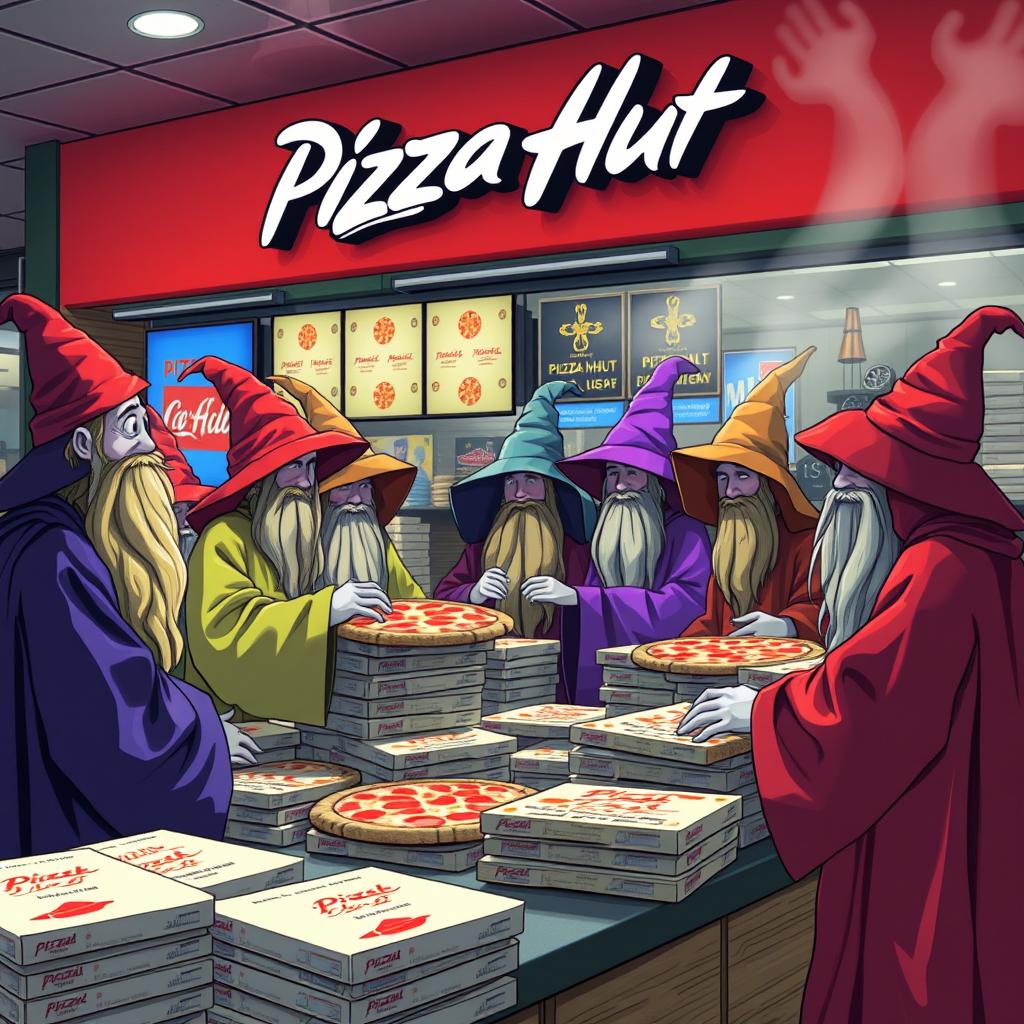 A whimsical scene of autistic wizards ordering one million pizzas at a Pizza Hut