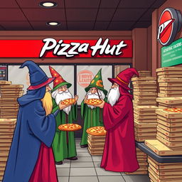 A whimsical scene of autistic wizards ordering one million pizzas at a Pizza Hut