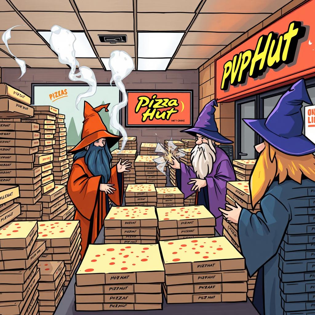 A whimsical scene of autistic wizards ordering one million pizzas at a Pizza Hut