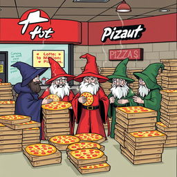 A whimsical scene of autistic wizards ordering one million pizzas at a Pizza Hut