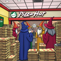 A whimsical scene of autistic wizards ordering one million pizzas at a Pizza Hut