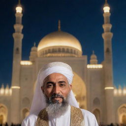 Emam Mahdi, depicted as a spiritual and religious leader in traditional Islamic attire, against a backdrop of a beautifully illuminated mosque.