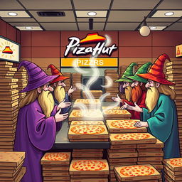 A whimsical scene of autistic wizards ordering one million pizzas at a Pizza Hut