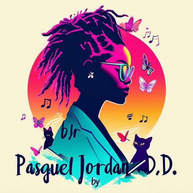 Create a vibrant and engaging logo for a book featuring a side silhouette of a lady with short dreadlocks in a suit, music notes, butterflies, two cats, and a book