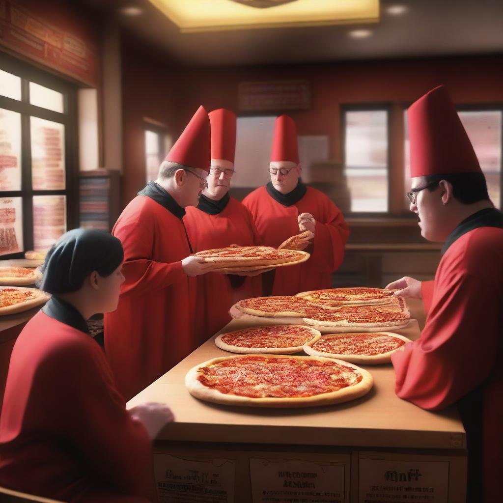 A realistic scene of autistic wizards ordering one million pizzas at a Pizza Hut