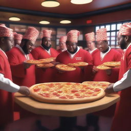 A realistic scene of autistic wizards ordering one million pizzas at a Pizza Hut