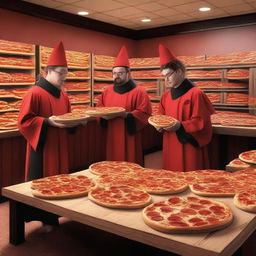 A realistic scene of autistic wizards ordering one million pizzas at a Pizza Hut