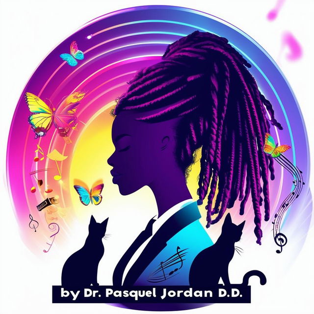 Create a vibrant and engaging logo for a book featuring a side silhouette of a lady with short dreadlocks in a suit, music notes, butterflies, two cats, and a book