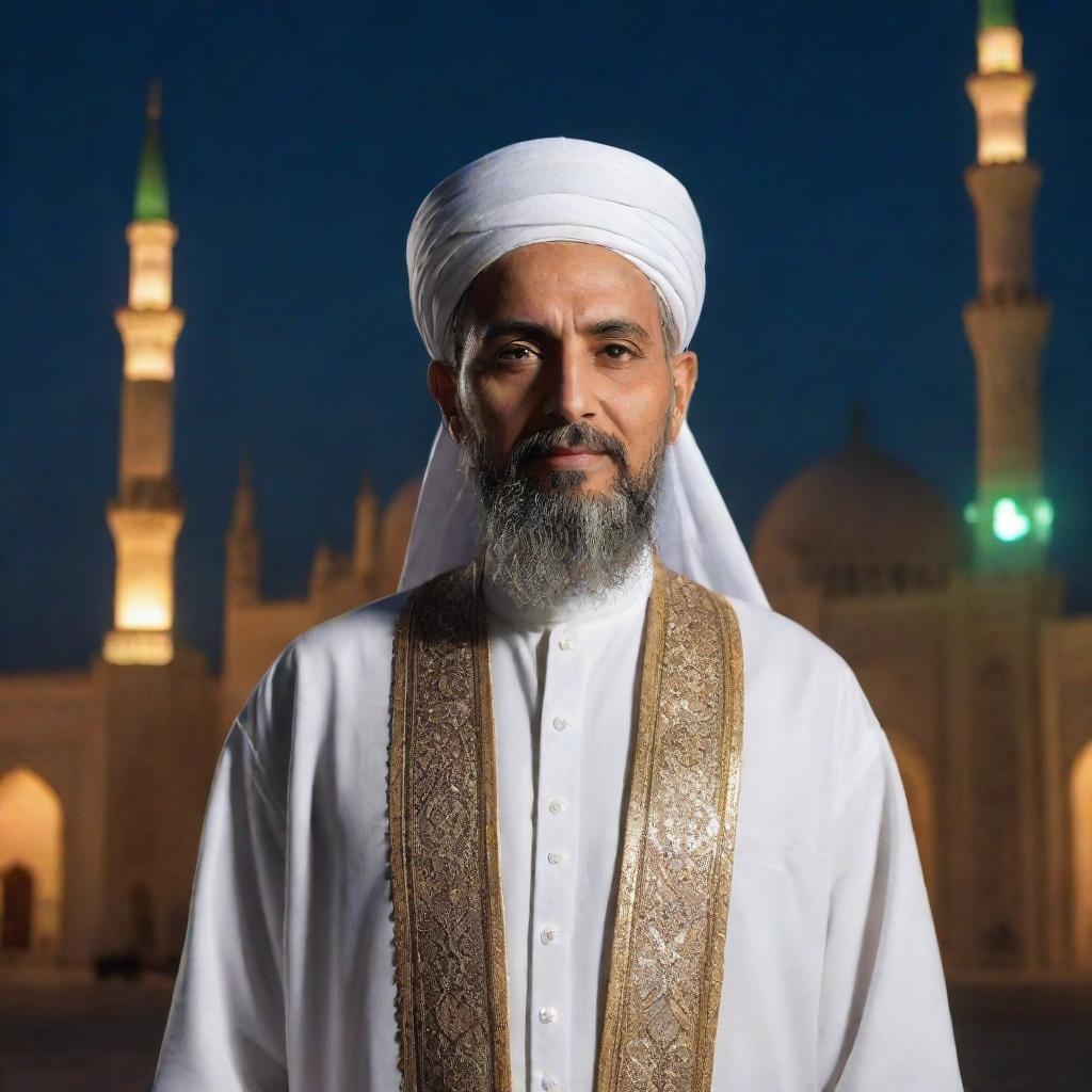 Emam Mahdi, depicted as a spiritual and religious leader in traditional Islamic attire, against a backdrop of a beautifully illuminated mosque.