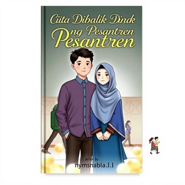 Create a book cover with the title 'Cinta Dibalik Dinding Pesantren' written in large, elegant font at the top