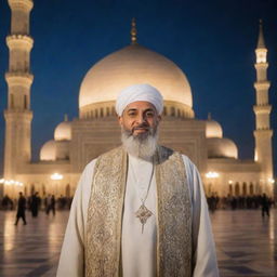 Emam Mahdi, depicted as a spiritual and religious leader in traditional Islamic attire, against a backdrop of a beautifully illuminated mosque.