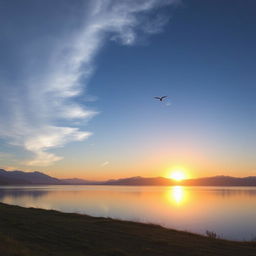 A serene landscape featuring a beautiful sunset over a calm lake, with mountains in the background and a few birds flying in the sky