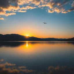 A serene landscape featuring a beautiful sunset over a calm lake, with mountains in the background and a few birds flying in the sky