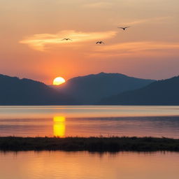 A serene landscape featuring a beautiful sunset over a calm lake, with mountains in the background and a few birds flying in the sky