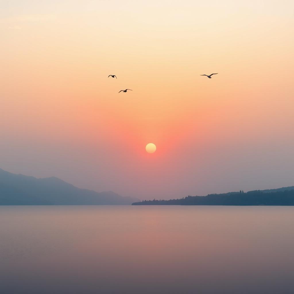 A serene landscape featuring a beautiful sunset over a calm lake, with mountains in the background and a few birds flying in the sky