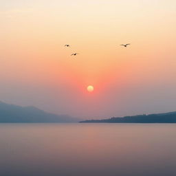 A serene landscape featuring a beautiful sunset over a calm lake, with mountains in the background and a few birds flying in the sky