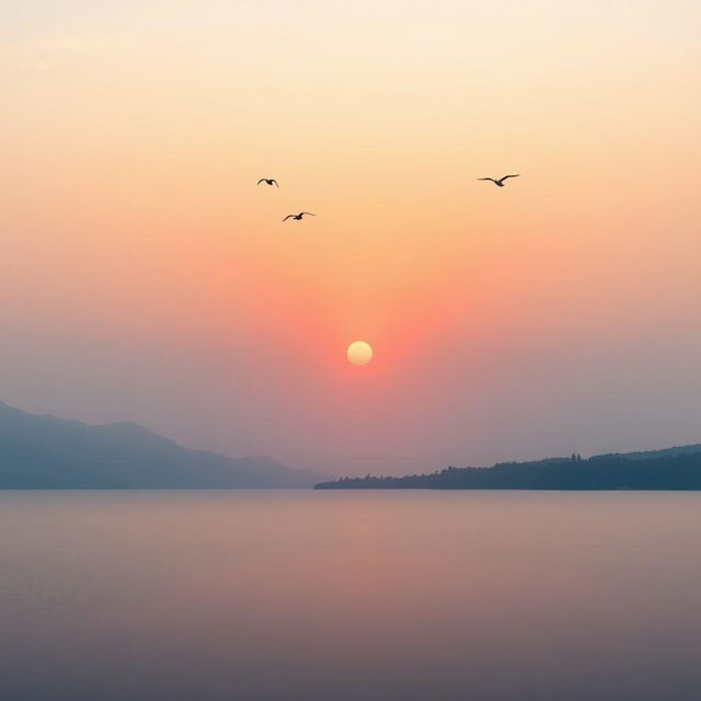 A serene landscape featuring a beautiful sunset over a calm lake, with mountains in the background and a few birds flying in the sky