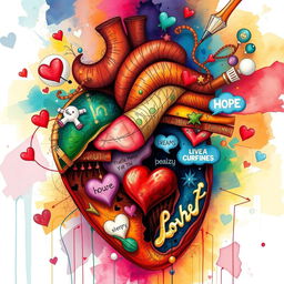 A detailed and imaginative depiction of the inside of a heart, showing emotions, dreams, and thoughts