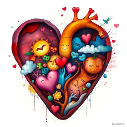 A detailed and imaginative depiction of the inside of a heart, showing emotions, dreams, and thoughts