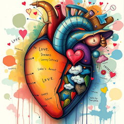 A detailed and imaginative depiction of the inside of a heart, showing emotions, dreams, and thoughts