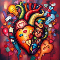 A detailed and imaginative depiction of the inside of a heart, showing emotions, dreams, and thoughts