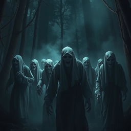 A chilling horror scene featuring a group of Indonesian ghosts