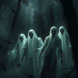 A chilling horror scene featuring a group of Indonesian ghosts