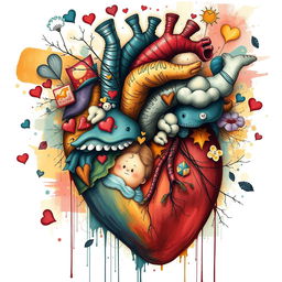 A detailed and imaginative depiction of the inside of a man's heart, showing emotions, dreams, and thoughts