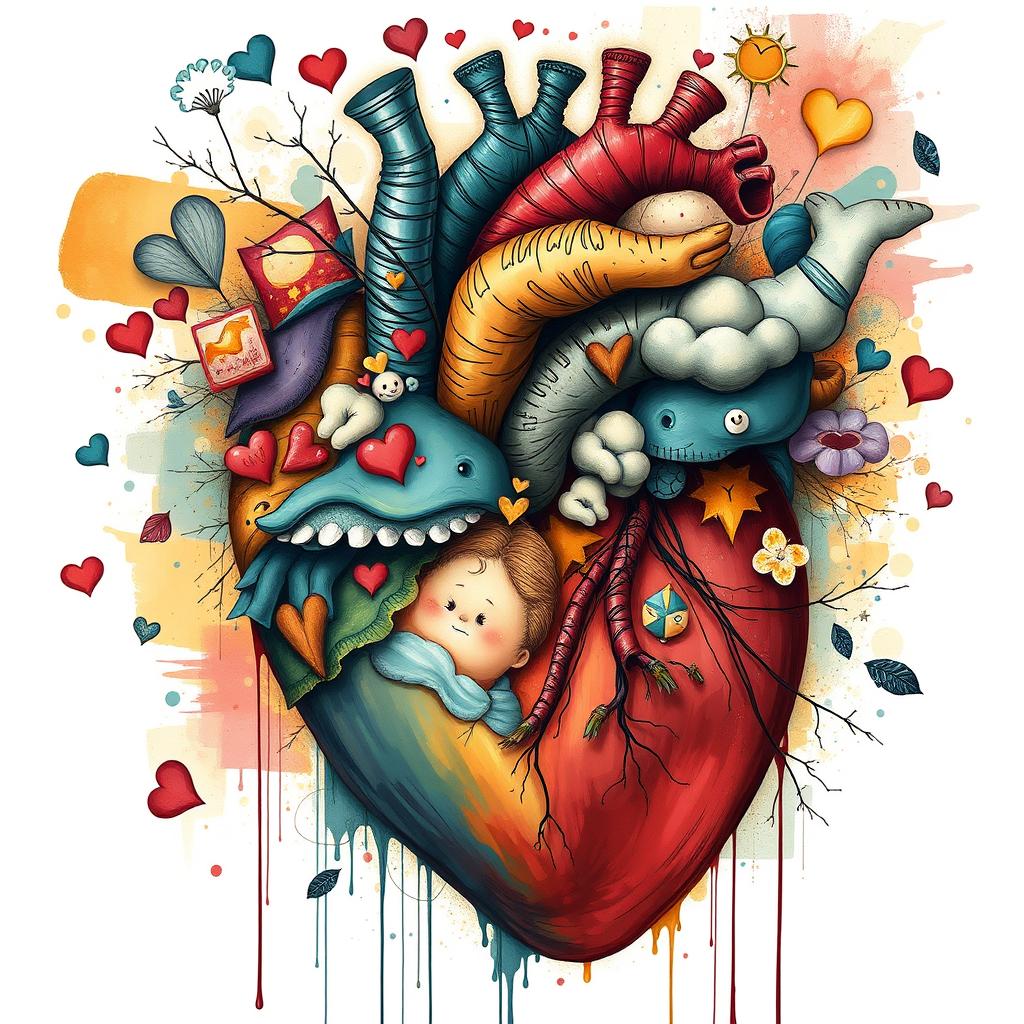 A detailed and imaginative depiction of the inside of a man's heart, showing emotions, dreams, and thoughts