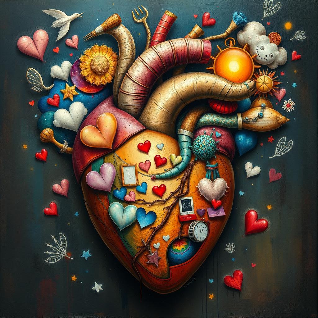 A detailed and imaginative depiction of the inside of a man's heart, showing emotions, dreams, and thoughts