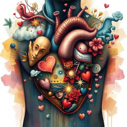 A detailed and imaginative depiction of the inside of a man's heart, showing emotions, dreams, and thoughts