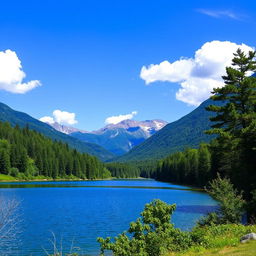 A beautiful landscape featuring a serene lake surrounded by lush green trees and mountains in the background under a clear blue sky with a few fluffy clouds