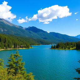 A beautiful landscape featuring a serene lake surrounded by lush green trees and mountains in the background under a clear blue sky with a few fluffy clouds