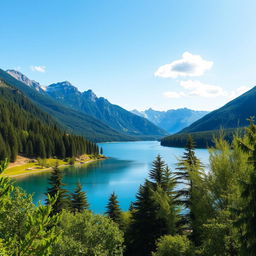 A beautiful landscape featuring a serene lake surrounded by lush green trees and mountains in the background under a clear blue sky with a few fluffy clouds