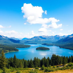 A beautiful landscape featuring a serene lake surrounded by lush green trees and mountains in the background under a clear blue sky with a few fluffy clouds