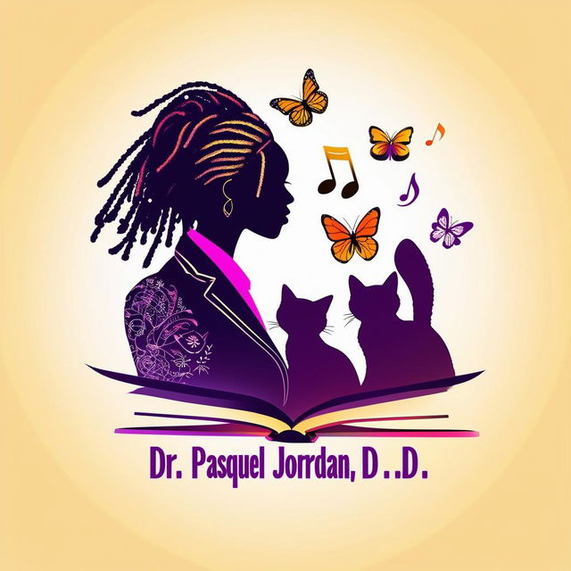 Create a vibrant and engaging logo for a book featuring a side silhouette of a lady with short dreadlocks in a suit, music notes, butterflies, two cats, and a book