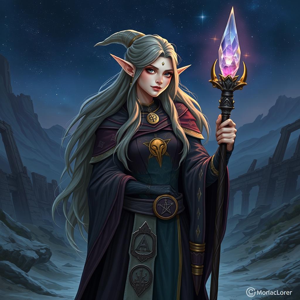 Create an image of a semi-elf wizard woman