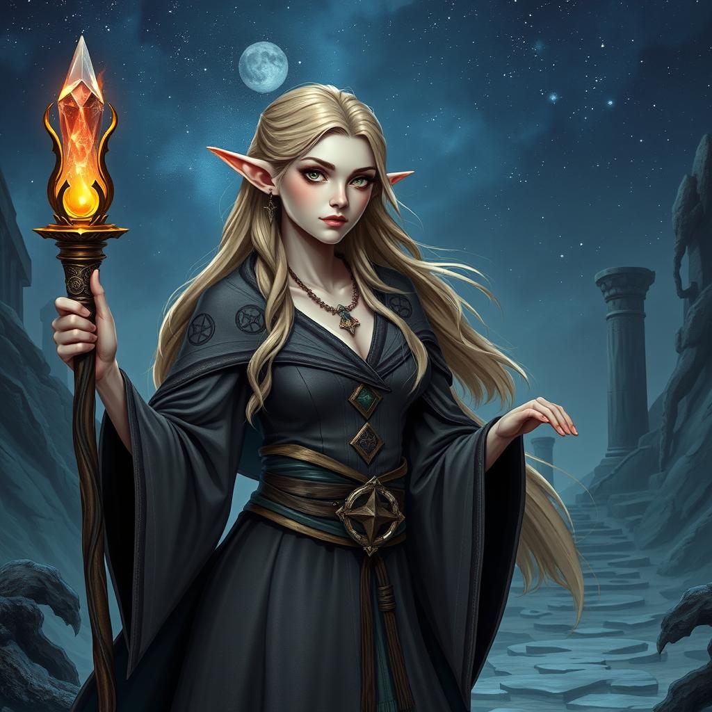 Create an image of a semi-elf wizard woman