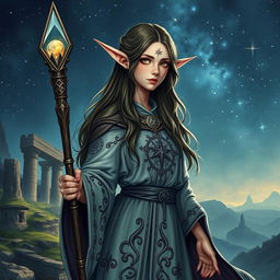 Create an image of a semi-elf wizard woman