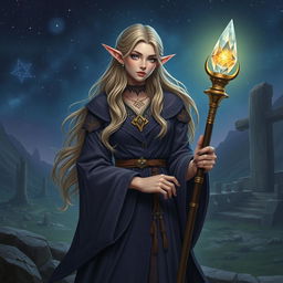 Create an image of a semi-elf wizard woman