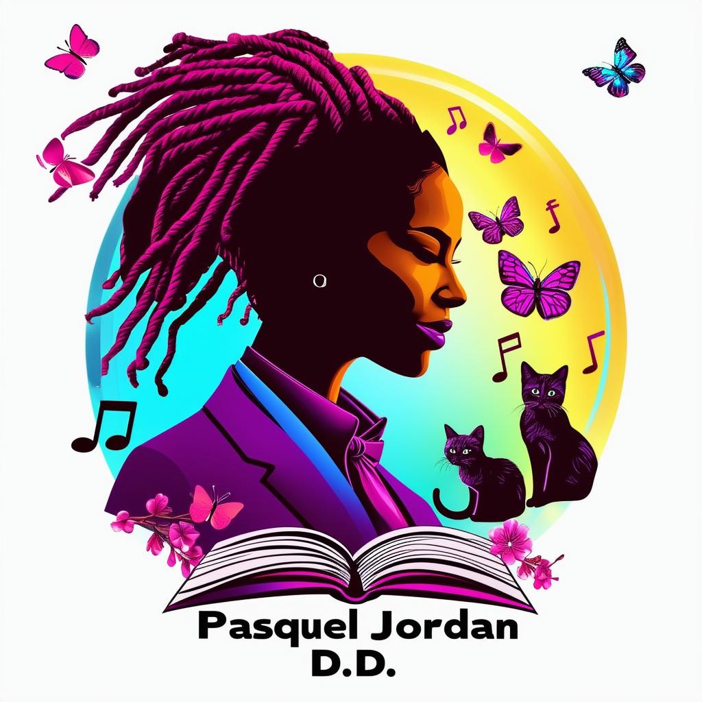 Create a vibrant and engaging logo for a book featuring a side silhouette of a lady with short dreadlocks in a suit, music notes, butterflies, two cats, and a book